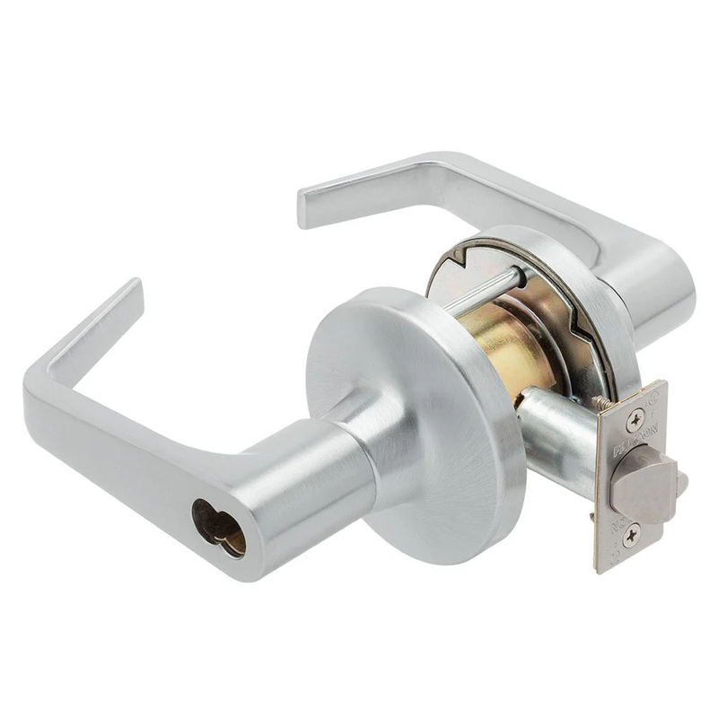 Falcon TM511-B-DAN-626 Extra Heavy Duty Cylindrical Lock, Entry/Office, Dane Lever, Less SFIC Core, 2-3/4" Backset, ASA 4 7/8 Strike. Grade 1, Non Handed, US26D Satin Chrome Finish