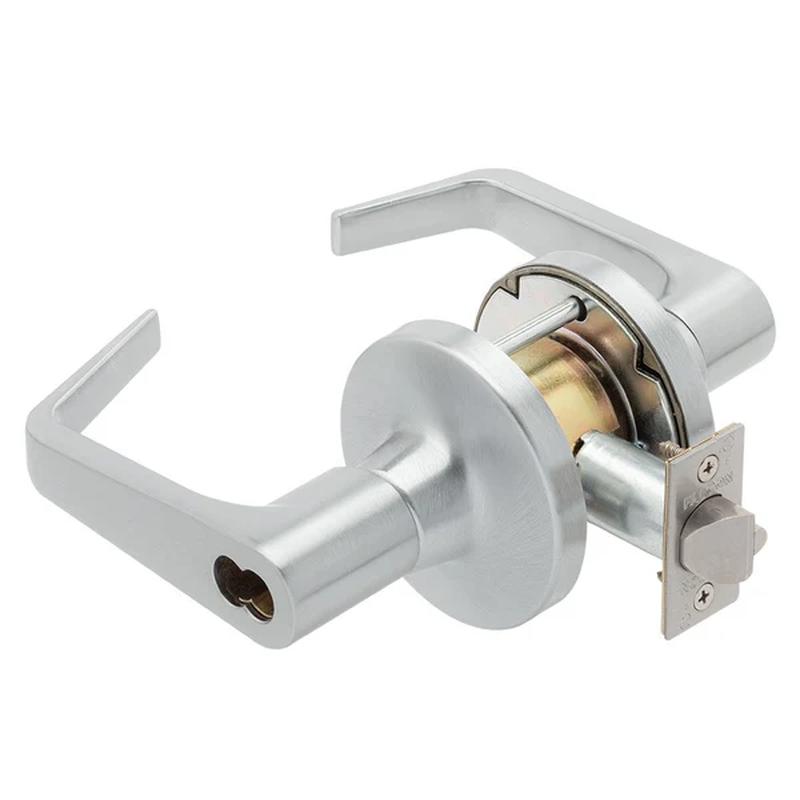 Falcon TM561-B-DAN-626 Extra Heavy Duty Cylindrical Lock, Classroom, Dane Lever, Less SFIC Core, 2-3/4" Backset, ASA 4 7/8 Strike. Grade 1, Non Handed, US26D Satin Chrome Finish