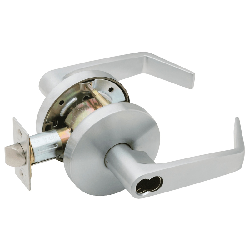 Falcon W561-B-DAN-626 Cylindrical Lock, Classroom, Dane Lever, Less SFIC Core, [2] Keys, 2-3/4" Backset, ASA 4 7/8 Strike, Grade 2, Non Handed, US26D Satin Chrome Finish